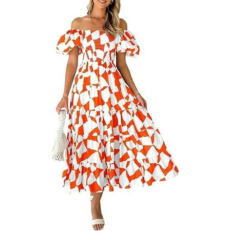 PRETTYGARDEN Women's Summer Boho Midi Dress Off Shoulder Puff Sleeve Print Smocked Ruffle Beach Long Flowy Dresses