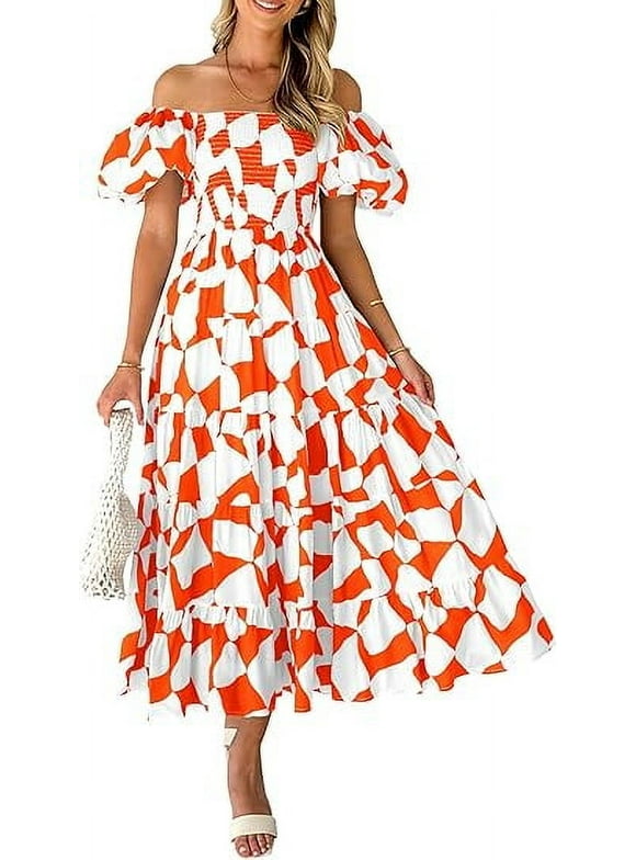 Women's Summer Boho Midi Dress Off Shoulder Puff Sleeve Print Smocked Ruffle Beach Long Flowy Dresses