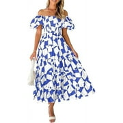 PRETTYGARDEN Women's Summer Boho Midi Dress Off Shoulder Puff Sleeve Print Smocked Ruffle Beach Long Flowy Dresses