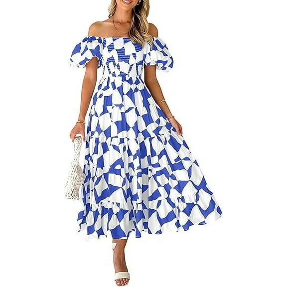 PRETTYGARDEN Women's Summer Boho Midi Dress Off Shoulder Puff Sleeve Print Smocked Ruffle Beach Long Flowy Dresses