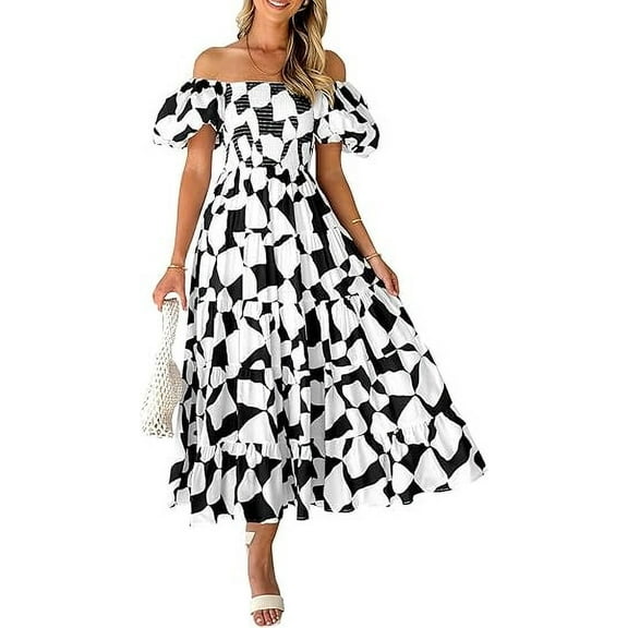 PRETTYGARDEN Women's Summer Boho Midi Dress Off Shoulder Puff Sleeve Print Smocked Ruffle Beach Long Flowy Dresses