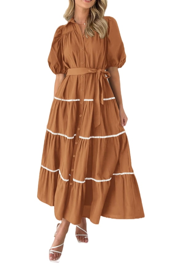 Women's Summer Button Down Shirt Dress Short Puffy Sleeve Tiered Ruffle Flowy Long Maxi Dresses