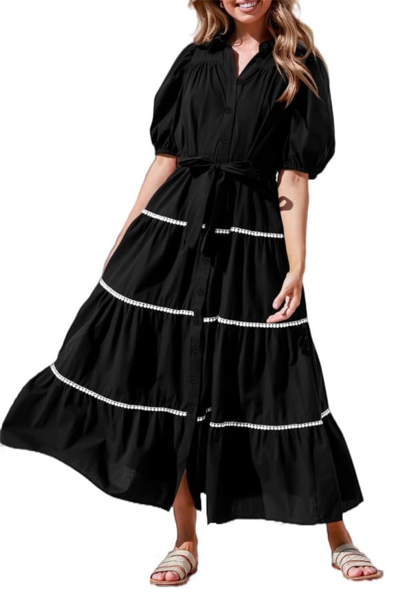 Women's Summer Button Down Shirt Dress Short Puffy Sleeve Tiered Ruffle Flowy Long Maxi Dresses
