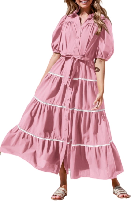 Women's Summer Button Down Shirt Dress Short Puffy Sleeve Tiered Ruffle Flowy Long Maxi Dresses