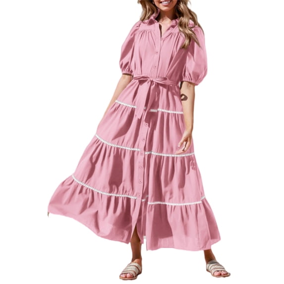 PRETTYGARDEN Women's Summer Button Down Shirt Dress Short Puffy Sleeve Tiered Ruffle Flowy Long Maxi Dresses