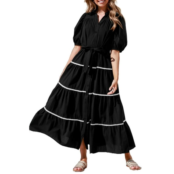 PRETTYGARDEN Women's Summer Button Down Shirt Dress Short Puffy Sleeve Tiered Ruffle Flowy Long Maxi Dresses