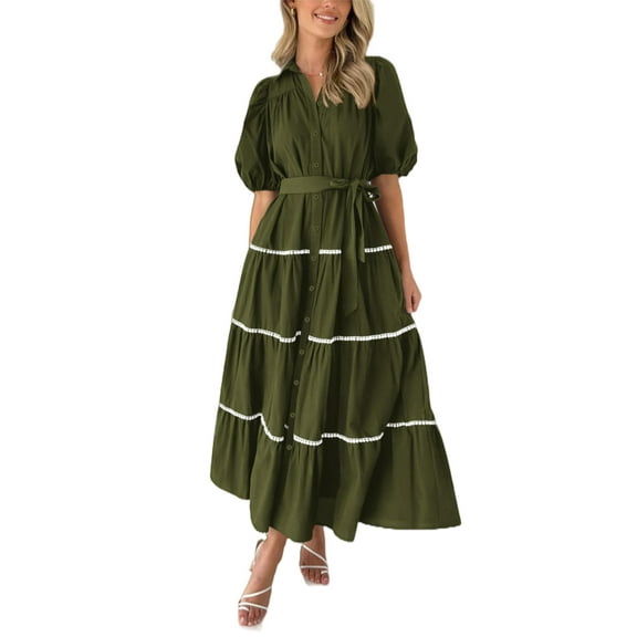 PRETTYGARDEN Women's Summer Button Down Shirt Dress Short Puffy Sleeve Tiered Ruffle Flowy Long Maxi Dresses