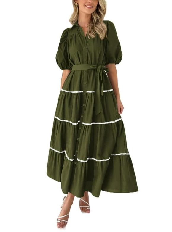 Women's Summer Button Down Shirt Dress Short Puffy Sleeve Tiered Ruffle Flowy Long Maxi Dresses