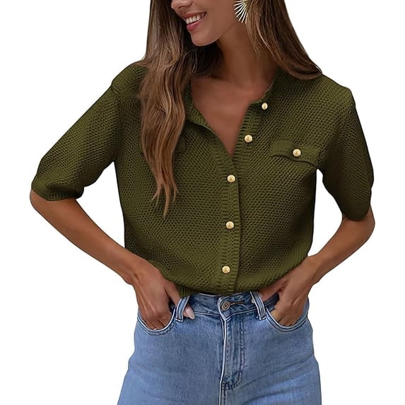 PRETTYGARDEN Women's Summer Button Down Shirts Casual Short Sleeve Crew ...