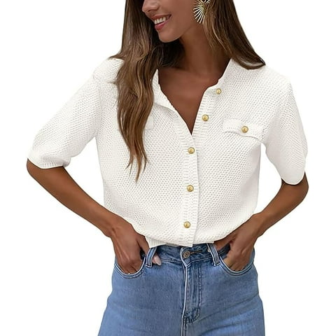 Women's Summer Button Down Shirts Casual Short Sleeve Crew Neck Ribbed Knit Blouse Top Cardigans