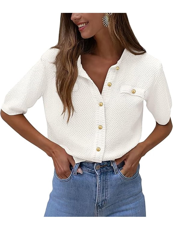 Women's Summer Button Down Shirts Casual Short Sleeve Crew Neck Ribbed Knit Blouse Top Cardigans