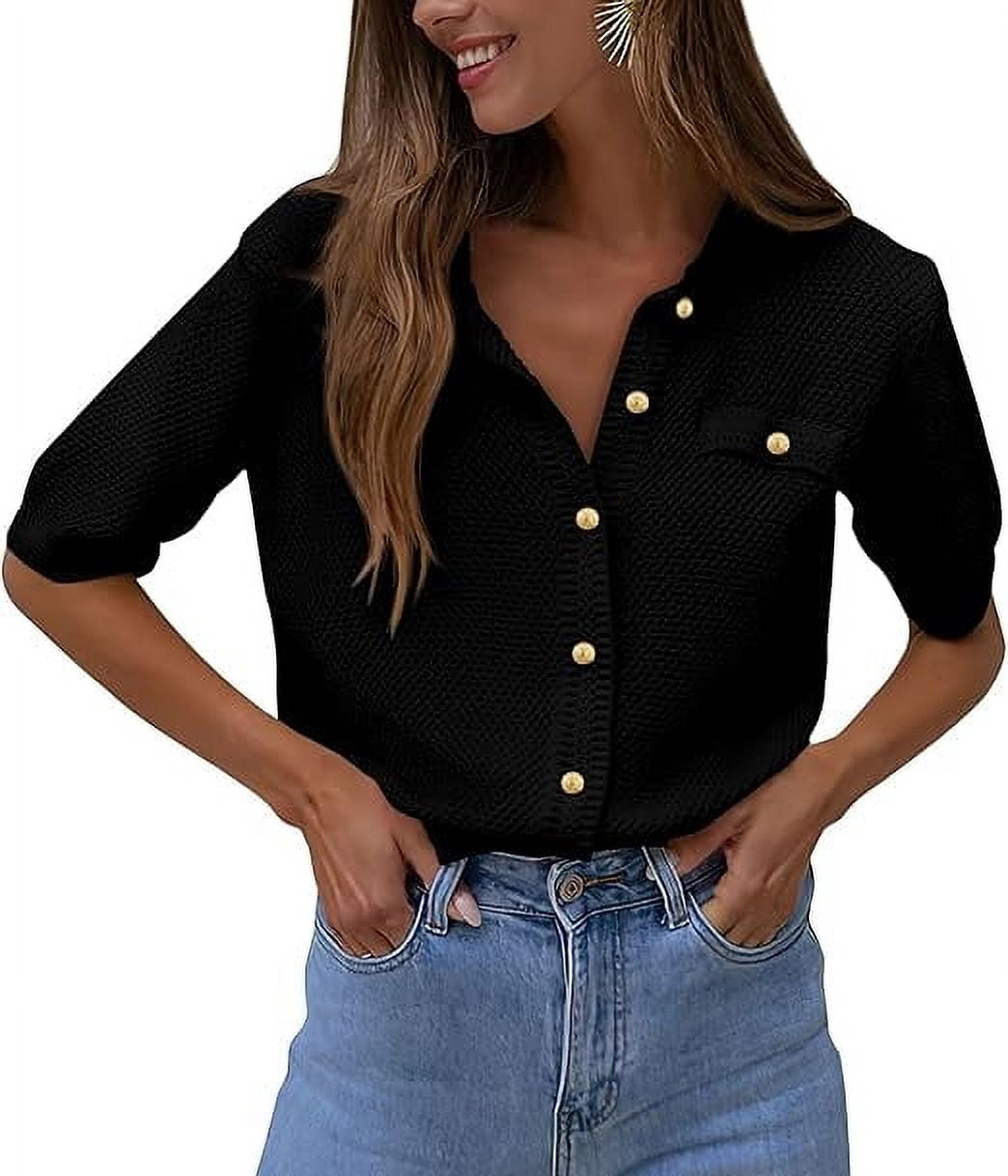PRETTYGARDEN Women's Summer Button Down Shirts Casual Short Sleeve Crew ...