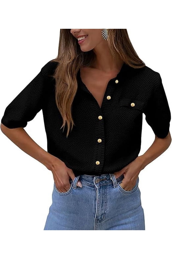 Women's Summer Button Down Shirts Casual Short Sleeve Crew Neck Ribbed Knit Blouse Top Cardigans