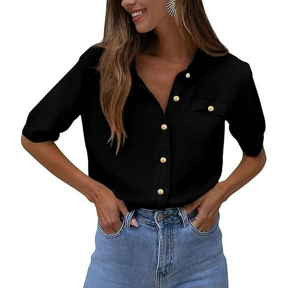PRETTYGARDEN Women's Summer Button Down Shirts Casual Short Sleeve Crew Neck Ribbed Knit Blouse Top Cardigans