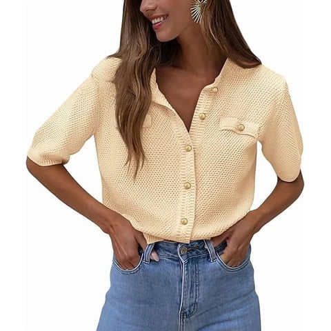Women's Summer Button Down Shirts Casual Short Sleeve Crew Neck Ribbed Knit Blouse Top Cardigans