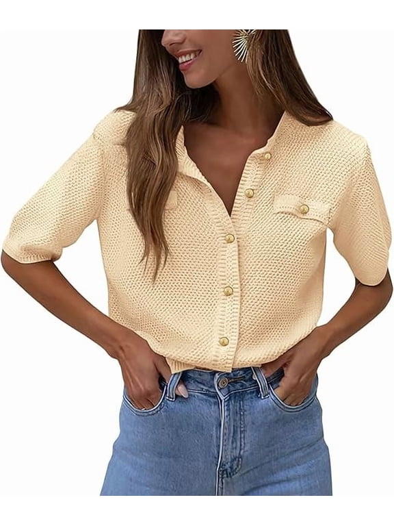 Women's Summer Button Down Shirts Casual Short Sleeve Crew Neck Ribbed Knit Blouse Top Cardigans
