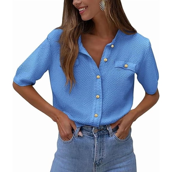 PRETTYGARDEN Women's Summer Button Down Shirts Casual Short Sleeve Crew Neck Ribbed Knit Blouse Top Cardigans