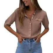 PRETTYGARDEN Women's Summer Button Down Shirts Casual Short Sleeve Crew Neck Ribbed Knit Blouse Top Cardigans