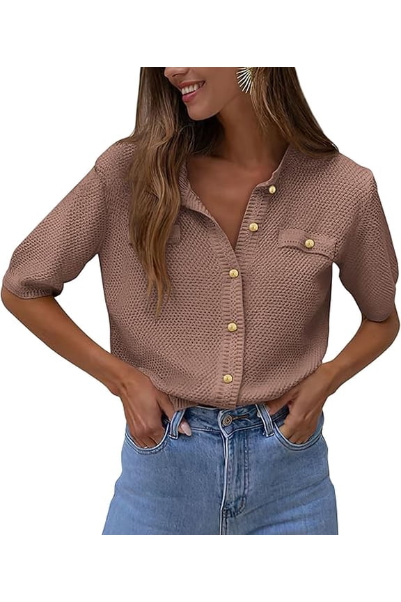 Women's Summer Button Down Shirts Casual Short Sleeve Crew Neck Ribbed Knit Blouse Top Cardigans
