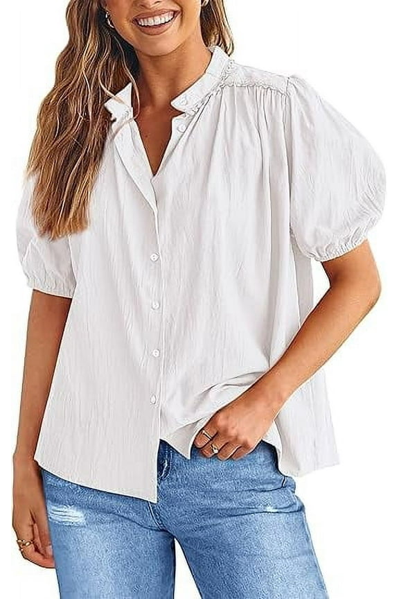 Women's Summer Button Down Shirts Short Lantern Sleeve V Neck Cotton Cute Dressy Casual Ladies Tops Blouses