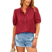 PRETTYGARDEN Women's Summer Button Down Shirts Short Lantern Sleeve V Neck Cotton Cute Dressy Casual Ladies Tops Blouses