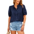 thumbnail image 1 of PRETTYGARDEN Women's Summer Button Down Shirts Short Lantern Sleeve V Neck Cotton Cute Dressy Casual Ladies Tops Blouses, 1 of 7