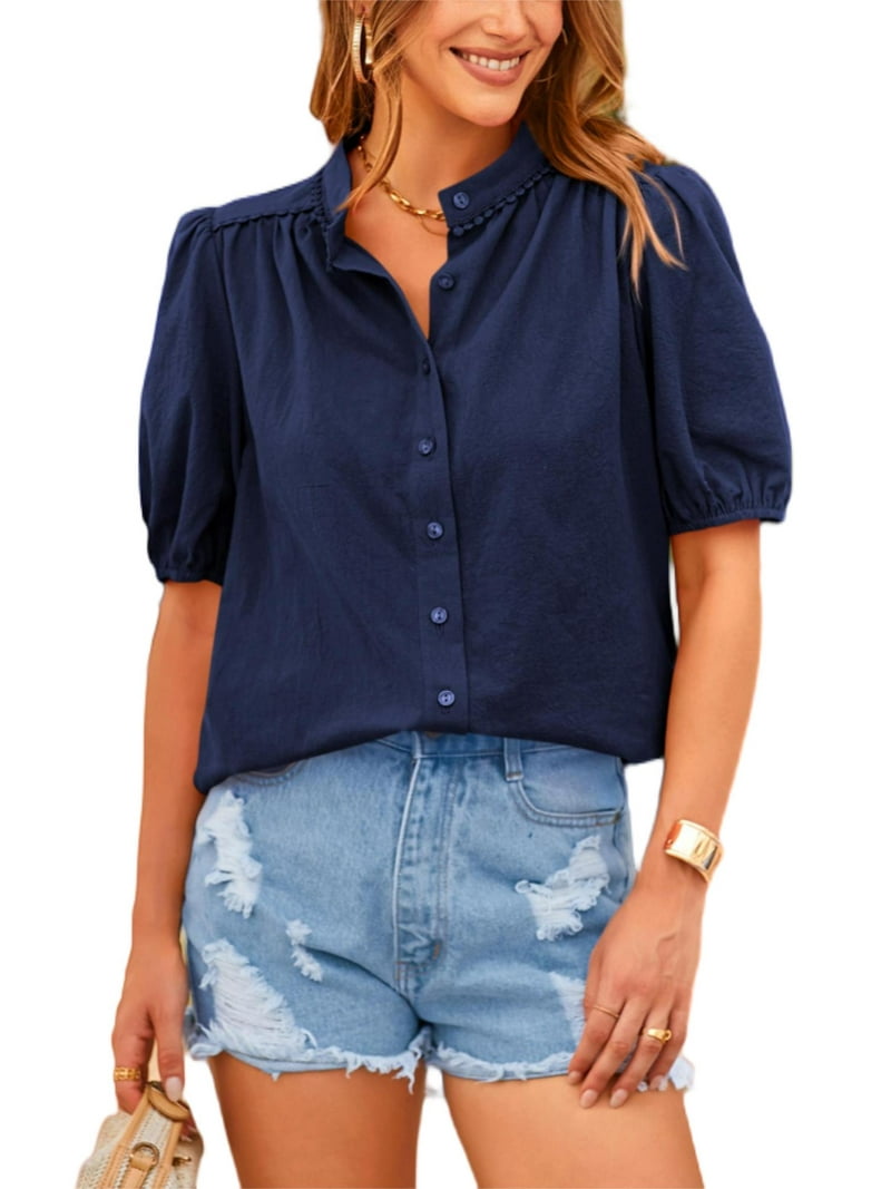 PRETTYGARDEN Women's Summer Cotton Blouse, Button Down V Neck Top, Short Lantern Sleeves - Walmart.com PRETTYGARDEN Women's Summer Cotton Blouse, Button Down V Neck Top, Short Lantern Sleeves - Walmart.com