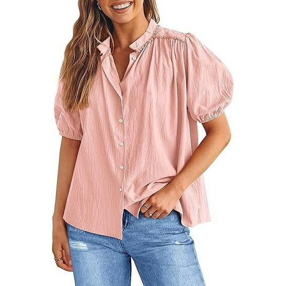 PRETTYGARDEN Women's Summer Button Down Shirts Short Lantern Sleeve V Neck Cotton Cute Dressy Casual Ladies Tops Blouses