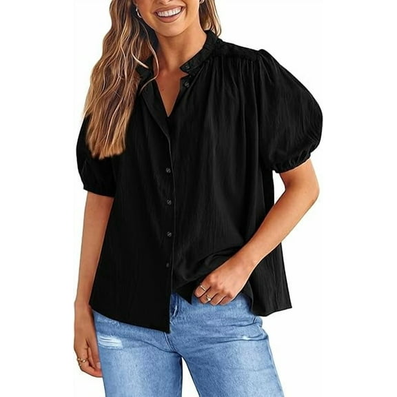 PRETTYGARDEN Women's Summer Button Down Shirts Short Lantern Sleeve V Neck Cotton Cute Dressy Casual Ladies Tops Blouses