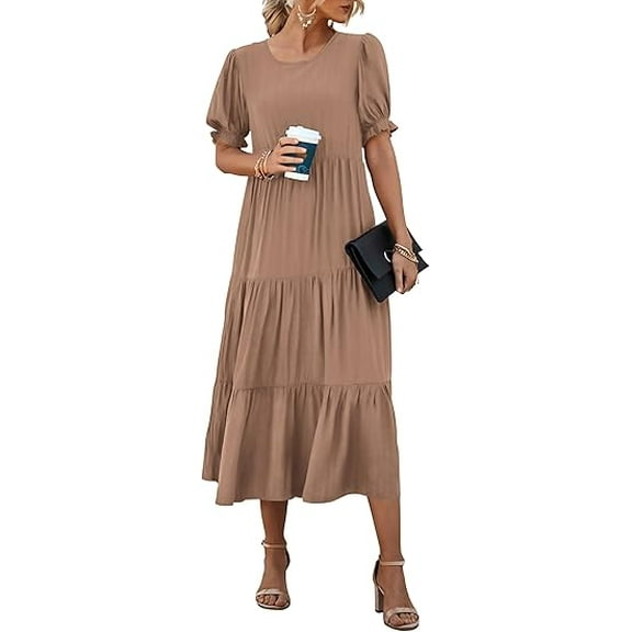 PRETTYGARDEN Women's Summer Casual Boho Dress Floral Print Ruffle Puff Short Sleeve Flowy Midi Beach Party Dresses