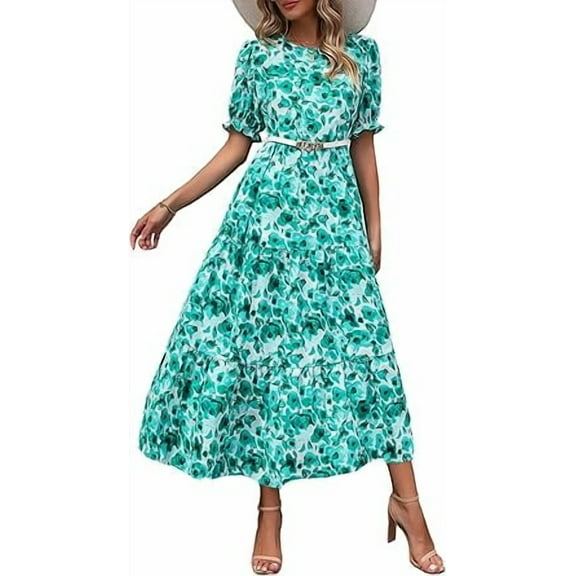PRETTYGARDEN Women's Summer Casual Boho Dress Floral Print Ruffle Puff Short Sleeve Flowy Midi Beach Party Dresses