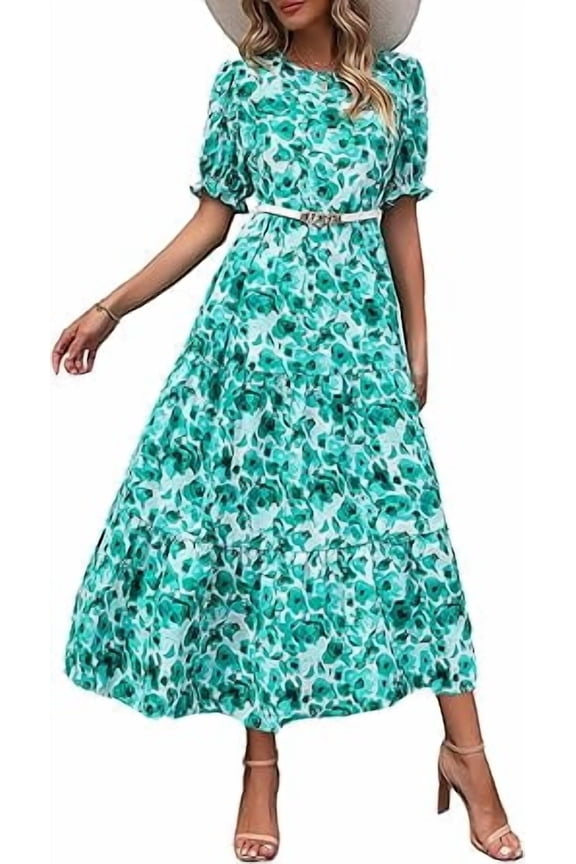 Women's Summer Casual Boho Dress Floral Print Ruffle Puff Short Sleeve Flowy Midi Beach Party Dresses