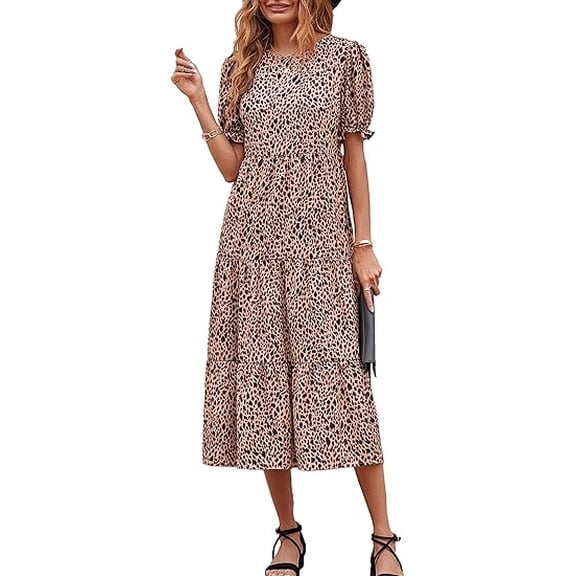 PRETTYGARDEN Women's Summer Casual Boho Dress Floral Print Ruffle Puff Short Sleeve Flowy Midi Beach Party Dresses