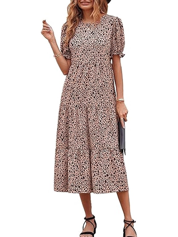 Women's Summer Casual Boho Dress Floral Print Ruffle Puff Short Sleeve Flowy Midi Beach Party Dresses