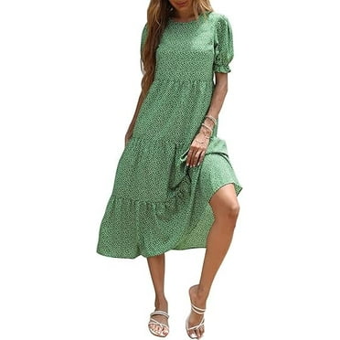 PRETTYGARDEN Women's Summer Casual Boho Dress Floral Print Ruffle Puff Short Sleeve Flowy Midi Beach Party Dresses