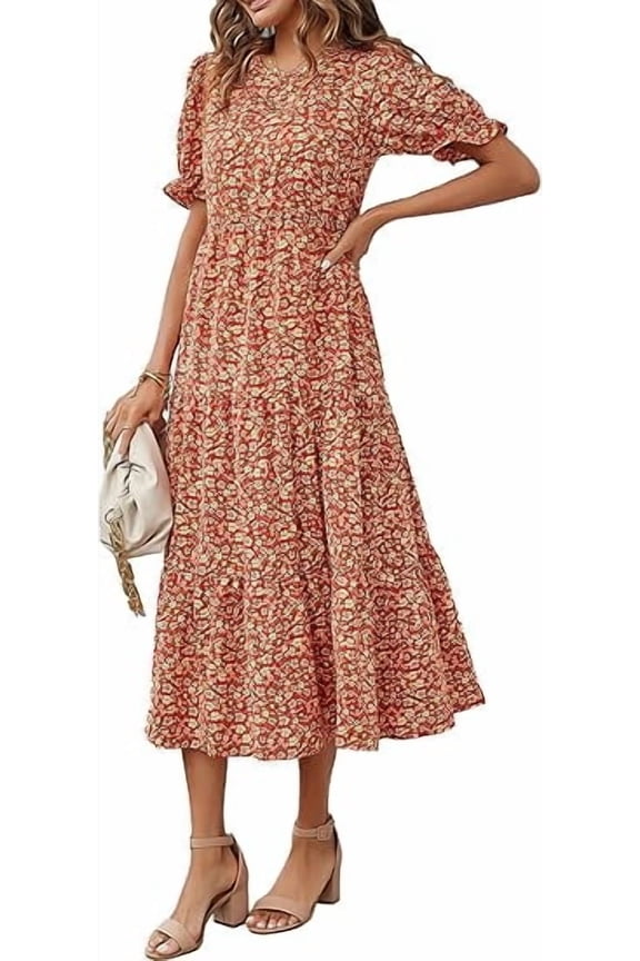 Women's Summer Casual Boho Dress Floral Print Ruffle Puff Short Sleeve Flowy Midi Beach Party Dresses