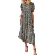 PRETTYGARDEN Womens Summer Casual Boho Dress Floral Print Ruffle Puff Short Sleeve Flowy Midi Beach Party Dresses