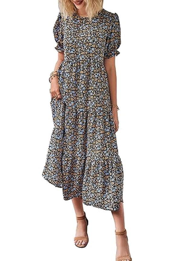 Women's Summer Casual Boho Dress Floral Print Ruffle Puff Short Sleeve Flowy Midi Beach Party Dresses