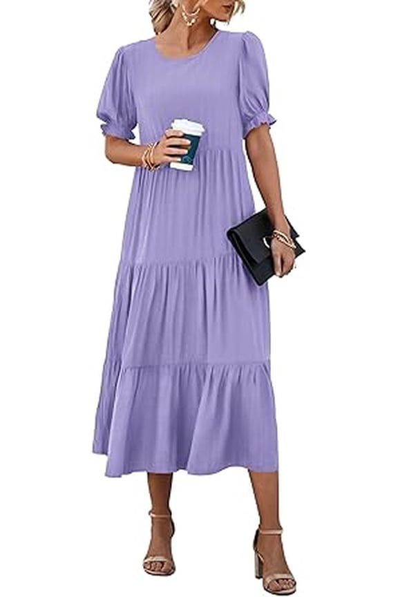 Women's Summer Casual Boho Dress Floral Print Ruffle Puff Short Sleeve Flowy Midi Beach Party Dresses