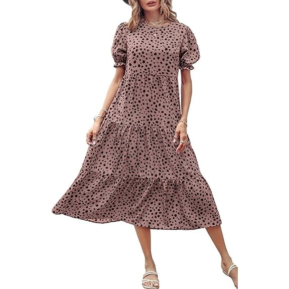 PRETTYGARDEN Women's Summer Casual Boho Dress Floral Print Ruffle Puff Short Sleeve Flowy Midi Beach Party Dresses
