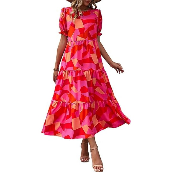 PRETTYGARDEN Women's Summer Casual Boho Dress Floral Print Ruffle Puff Short Sleeve Flowy Midi Beach Party Dresses