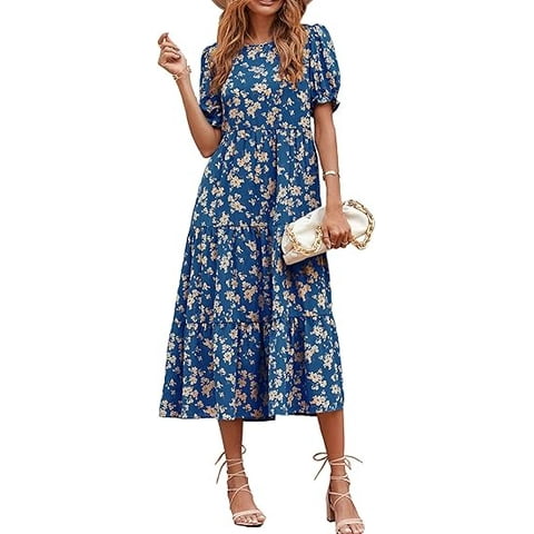 PRETTYGARDEN Women's Summer Casual Boho Dress Floral Print Ruffle Puff Short Sleeve Flowy Midi Beach Party Dresses