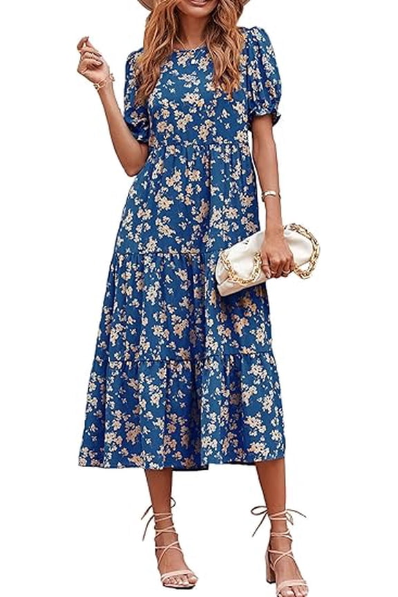 Women's Summer Casual Boho Dress Floral Print Ruffle Puff Short Sleeve Flowy Midi Beach Party Dresses