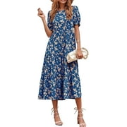 PRETTYGARDEN Womens Summer Casual Boho Dress Floral Print Ruffle Puff Short Sleeve Flowy Midi Beach Party Dresses