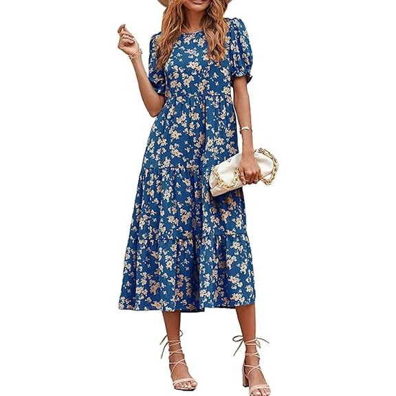 PRETTYGARDEN Women's Summer Casual Boho Dress Floral Print Ruffle Puff Short Sleeve Flowy Midi Beach Party Dresses