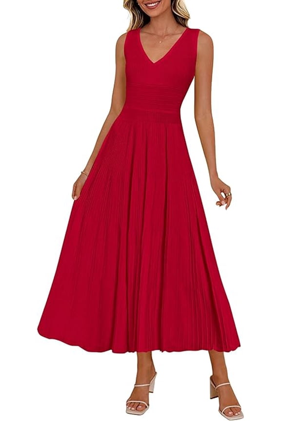 Women's Summer Casual Dresses Spring Sleeveless V Neck Midi Business Work A Line Pleated Cocktail Dress