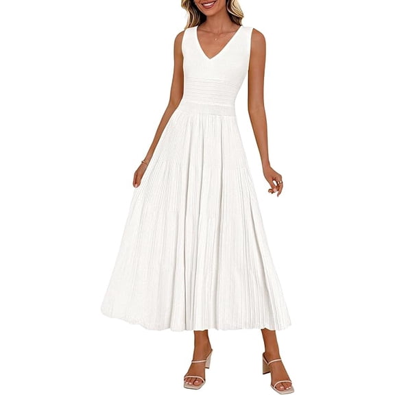 PRETTYGARDEN Women's Summer Casual Dresses Spring Sleeveless V Neck Midi Business Work A Line Pleated Cocktail Dress