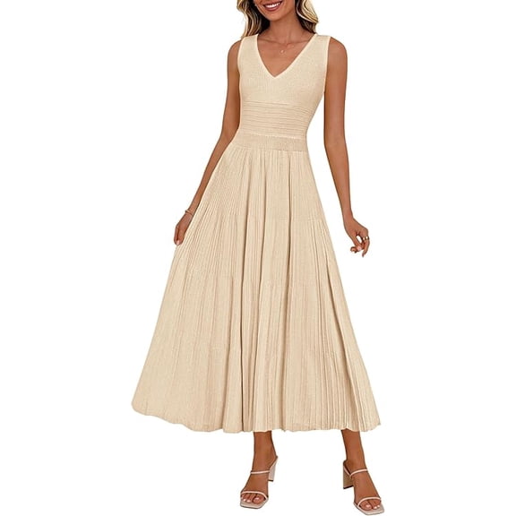 PRETTYGARDEN Women's Summer Casual Dresses Spring Sleeveless V Neck Midi Business Work A Line Pleated Cocktail Dress