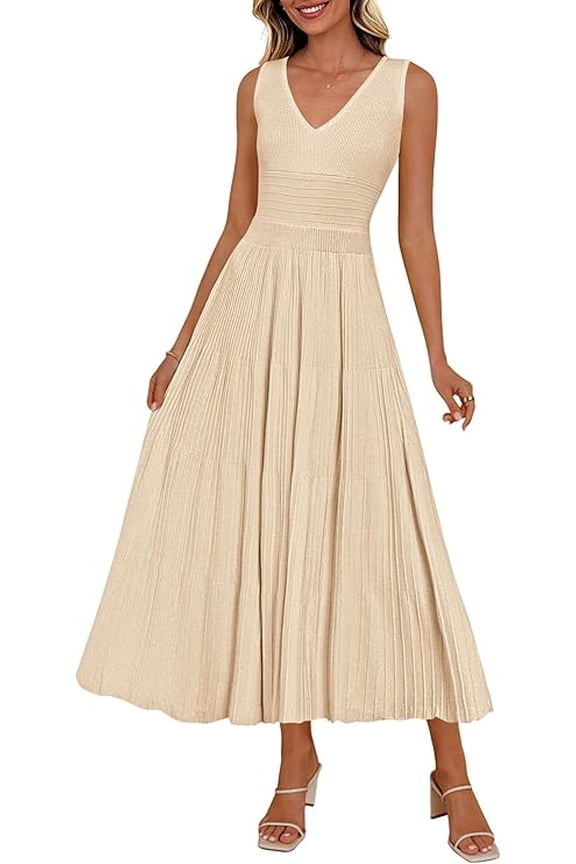 Women's Summer Casual Dresses Spring Sleeveless V Neck Midi Business Work A Line Pleated Cocktail Dress