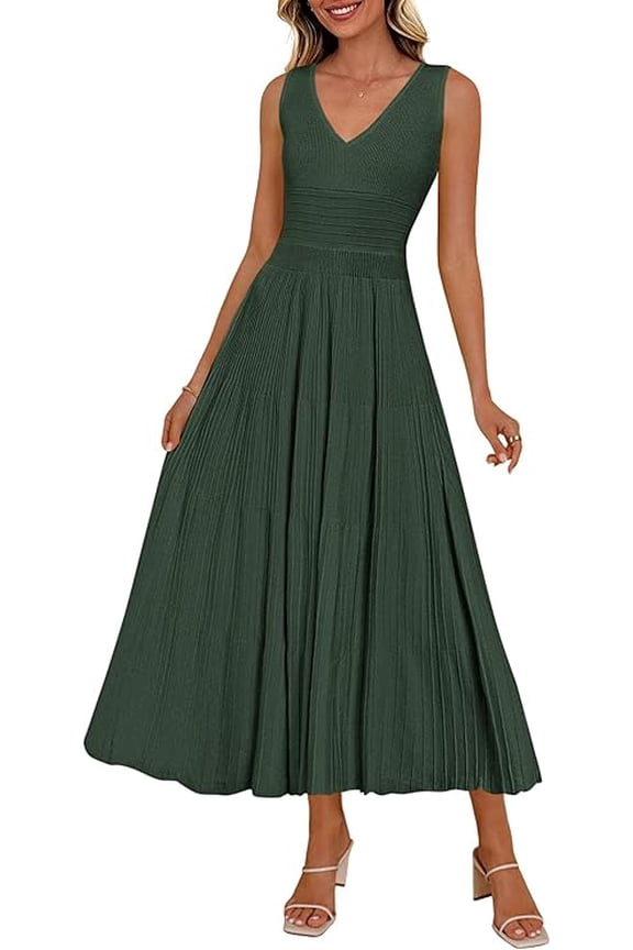 Women's Summer Casual Dresses Spring Sleeveless V Neck Midi Business Work A Line Pleated Cocktail Dress